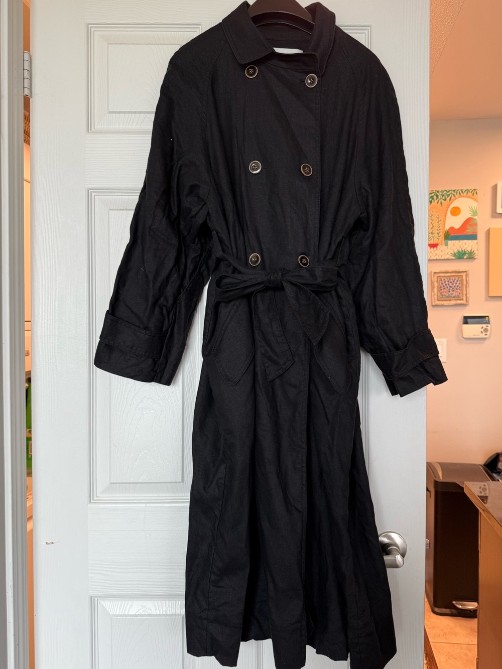 Mango Black Double-Breasted Linen Trench Coat with Belt